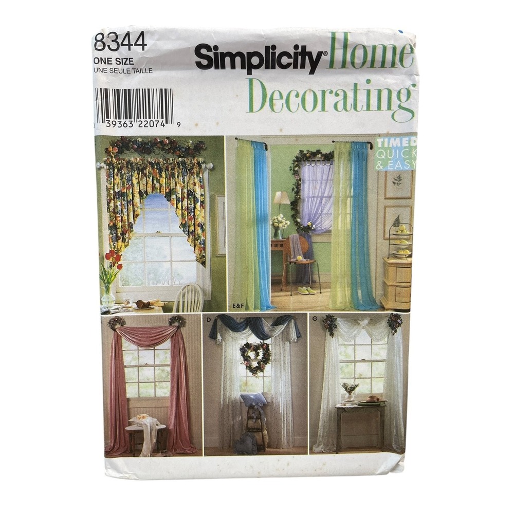 Simplicity Home Decorating 8344 Window Treatments Curtains Swags Valances